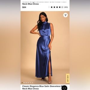 Lulu’s Classic Elegance Blue Satin Sleeveless Mock Neck Maxi Dress
